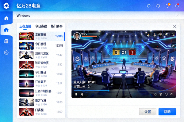 亿万28电竞桌面客户端在Windows电脑上的主界面截图 - 显示赛事列表和直播画面
