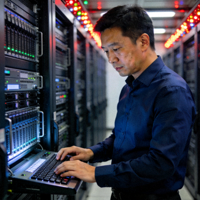 亿万28电竞平台技术总监张伟正在检查直播服务器集群运行状态的肖像