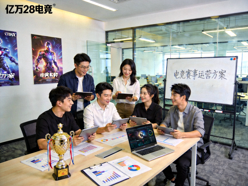 亿万28电竞团队在现代化办公室中协作讨论电竞赛事运营方案的工作场景