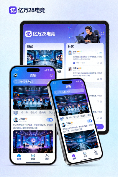 亿万28电竞移动APP在手机和平板设备上的界面展示 - 展示直播、新闻和社区功能